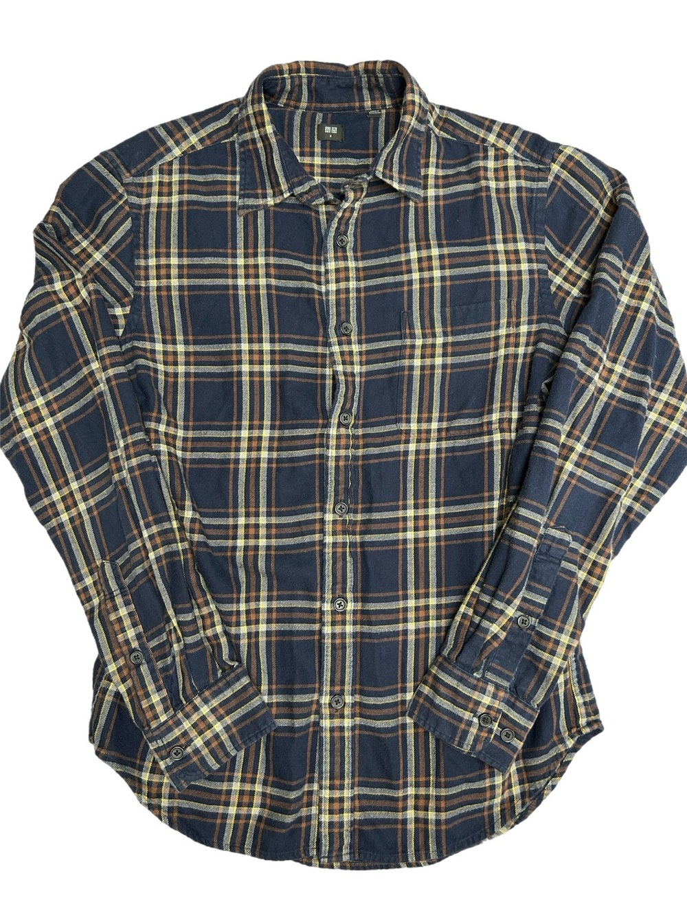 Uniqlo Men's Navy Plaid Button-Up Flannel Shirt - Medium